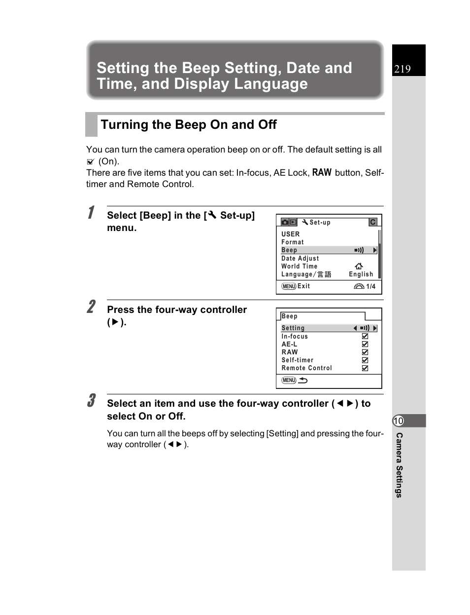 Turning the beep on and off | Pentax K20D User Manual | Page 220 / 286