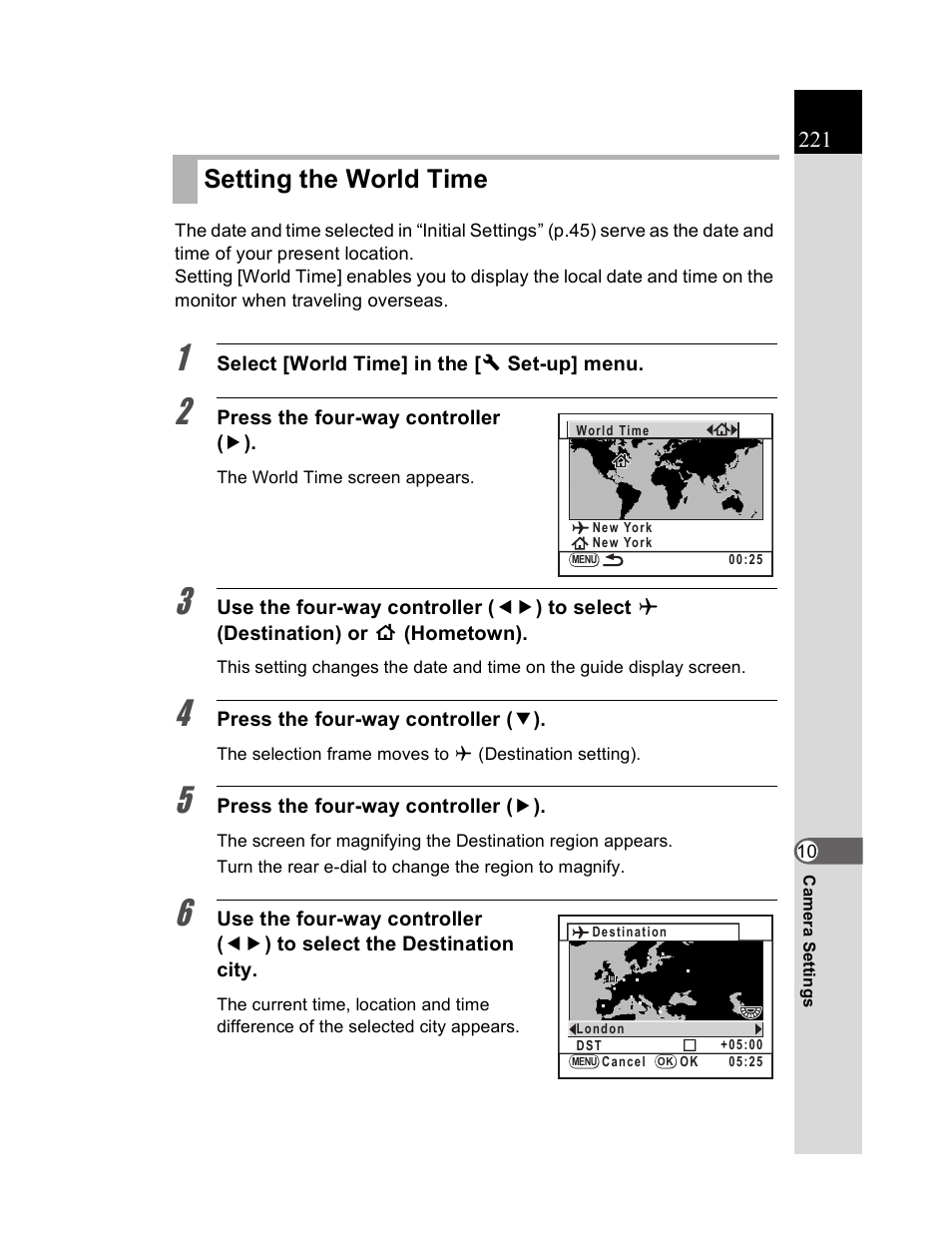 Setting the world time | Pentax K20D User Manual | Page 222 / 286