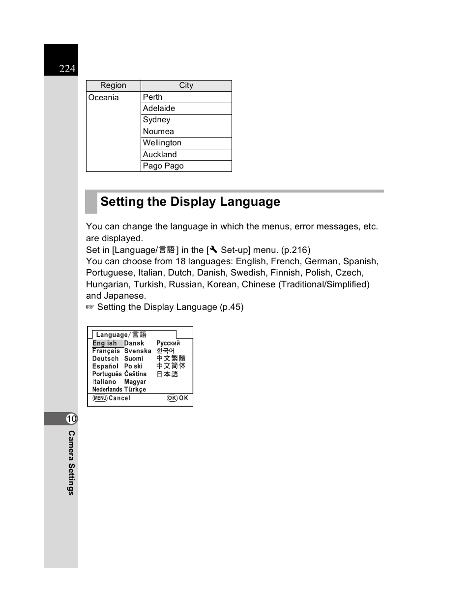 Setting the display language | Pentax K20D User Manual | Page 225 / 286