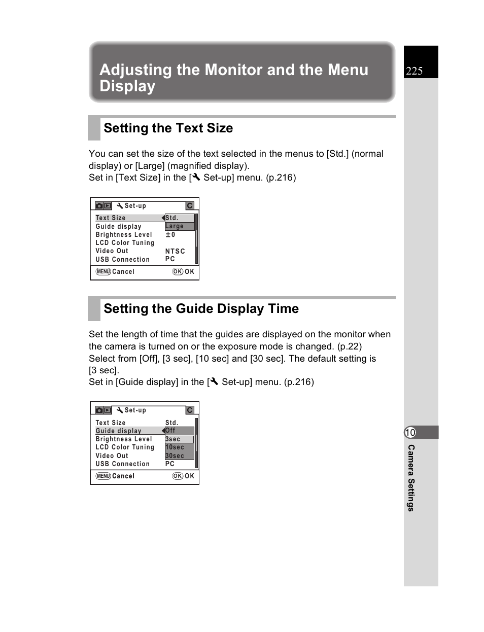 Adjusting the monitor and the menu display | Pentax K20D User Manual | Page 226 / 286