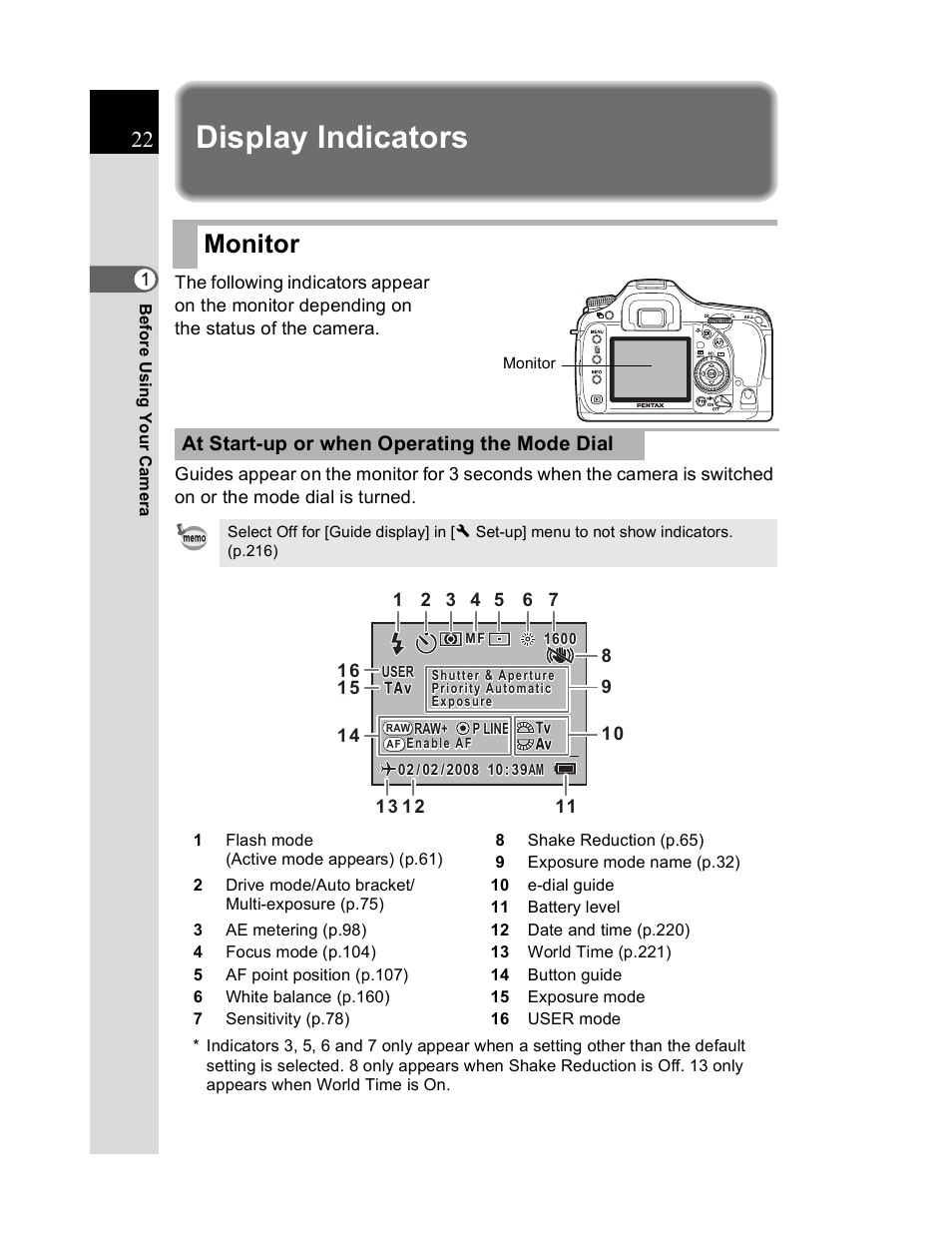 Display indicators, Monitor, At start-up or when operating the mode dial | Pentax K20D User Manual | Page 23 / 286