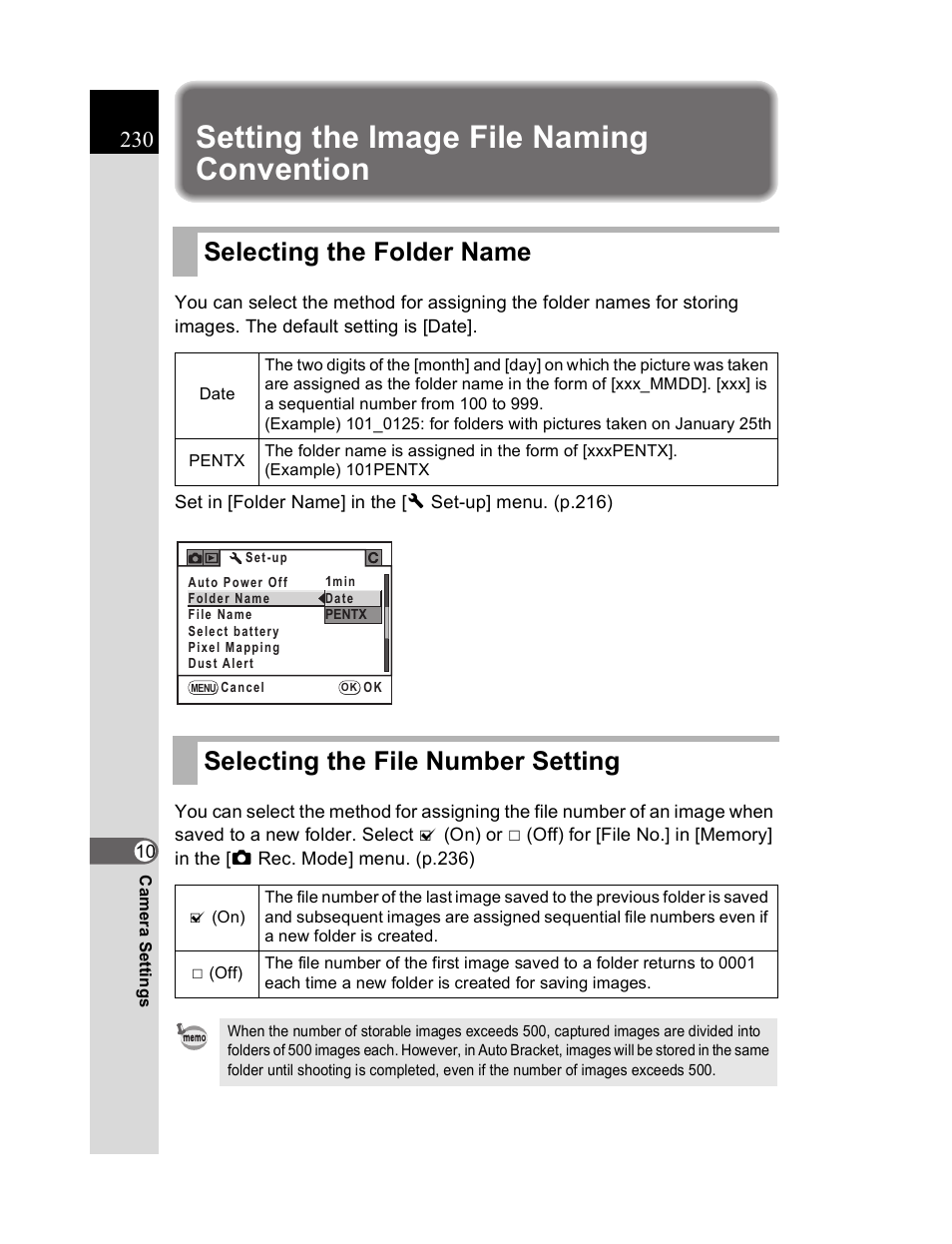 Setting the image file naming convention, Selecting the folder name, Selecting the file number setting | Pentax K20D User Manual | Page 231 / 286