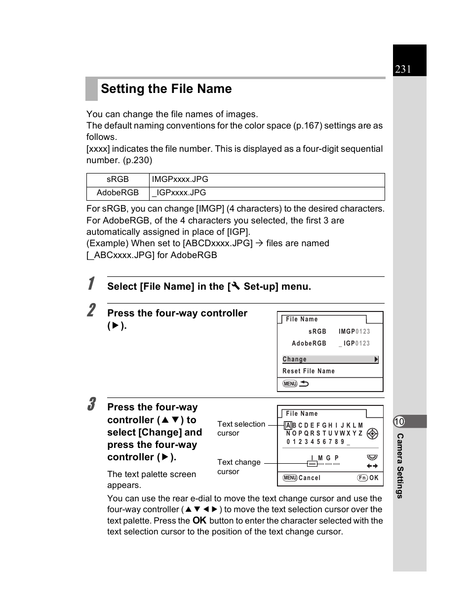 Setting the file name | Pentax K20D User Manual | Page 232 / 286