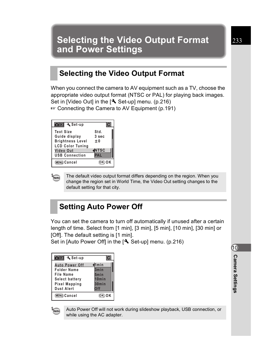 Selecting the video output format, Setting auto power off | Pentax K20D User Manual | Page 234 / 286