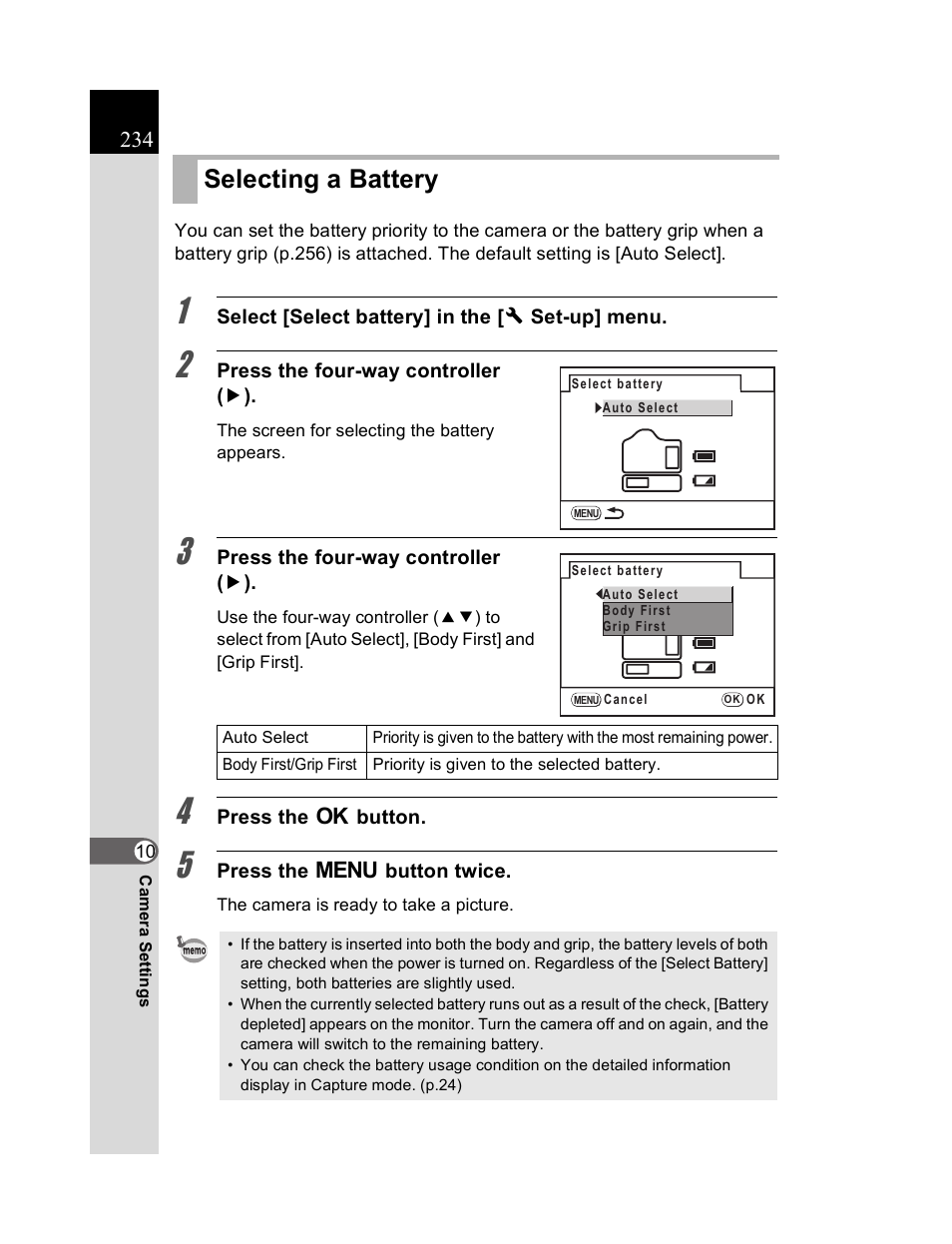 Selecting a battery | Pentax K20D User Manual | Page 235 / 286