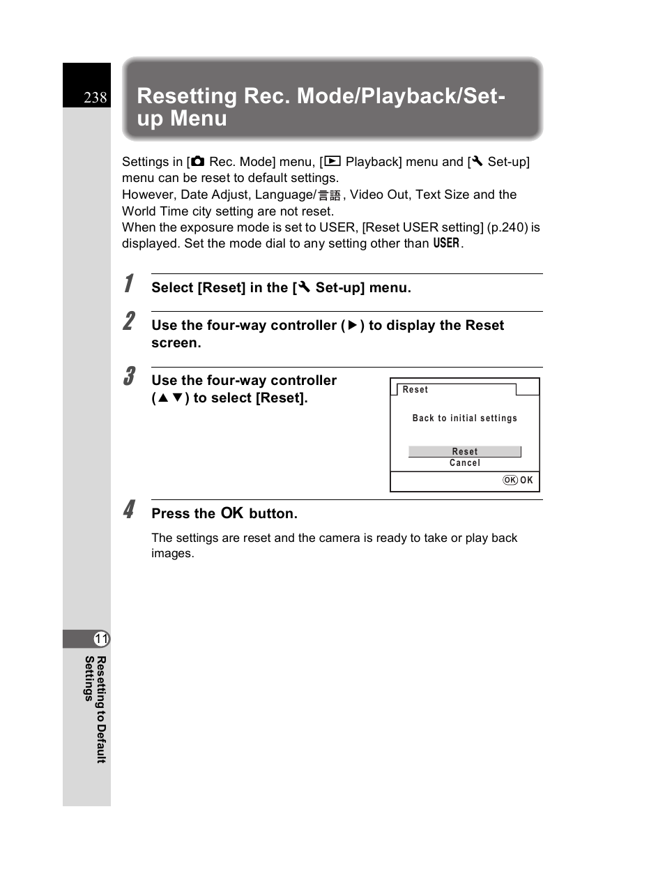 Resetting rec. mode/playback/set- up menu | Pentax K20D User Manual | Page 239 / 286