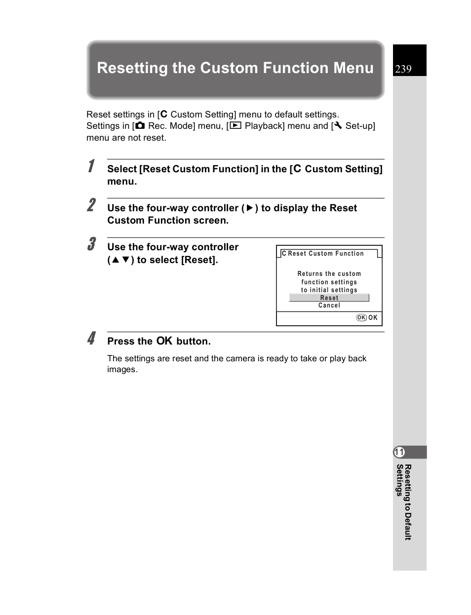 Resetting the custom function menu | Pentax K20D User Manual | Page 240 / 286