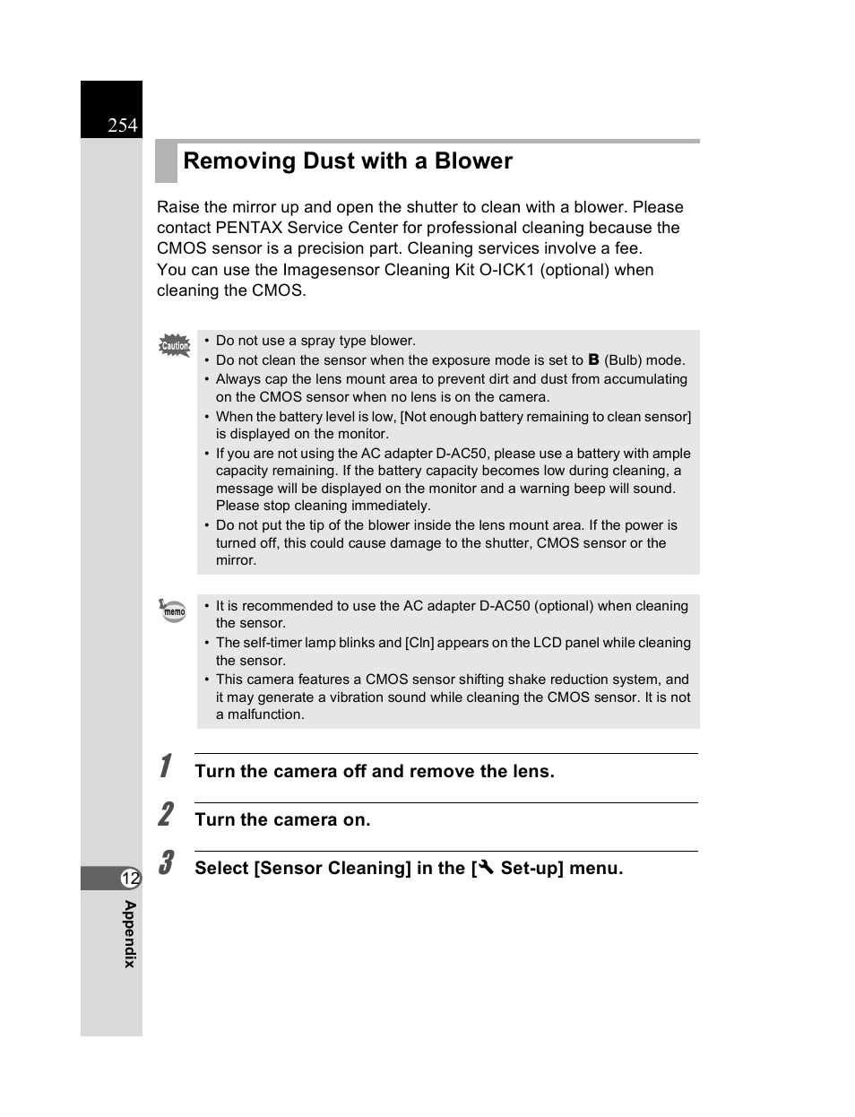 Removing dust with a blower | Pentax K20D User Manual | Page 255 / 286