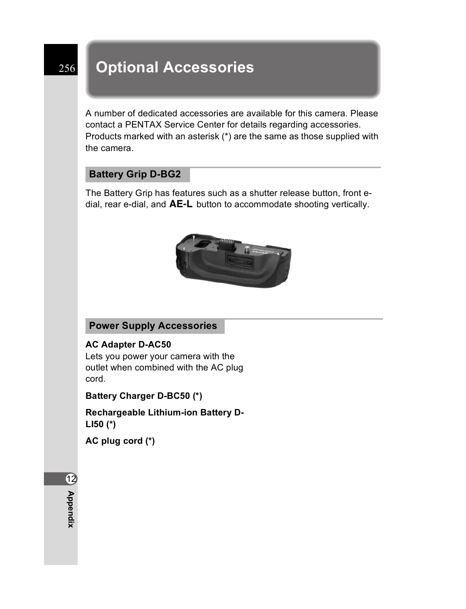 Optional accessories | Pentax K20D User Manual | Page 257 / 286