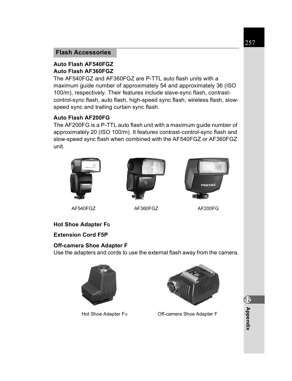 Flash accessories | Pentax K20D User Manual | Page 258 / 286