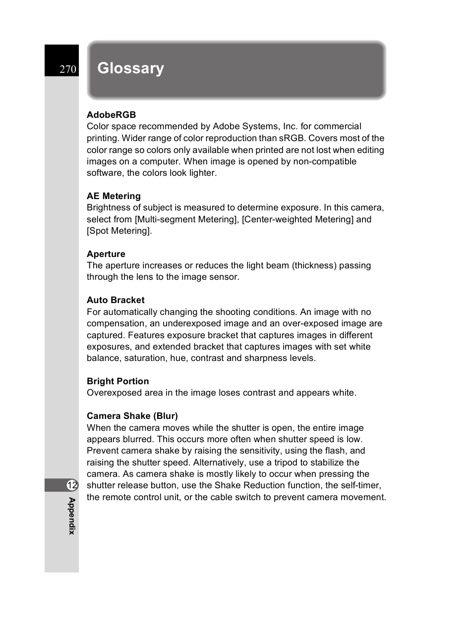 Glossary | Pentax K20D User Manual | Page 271 / 286