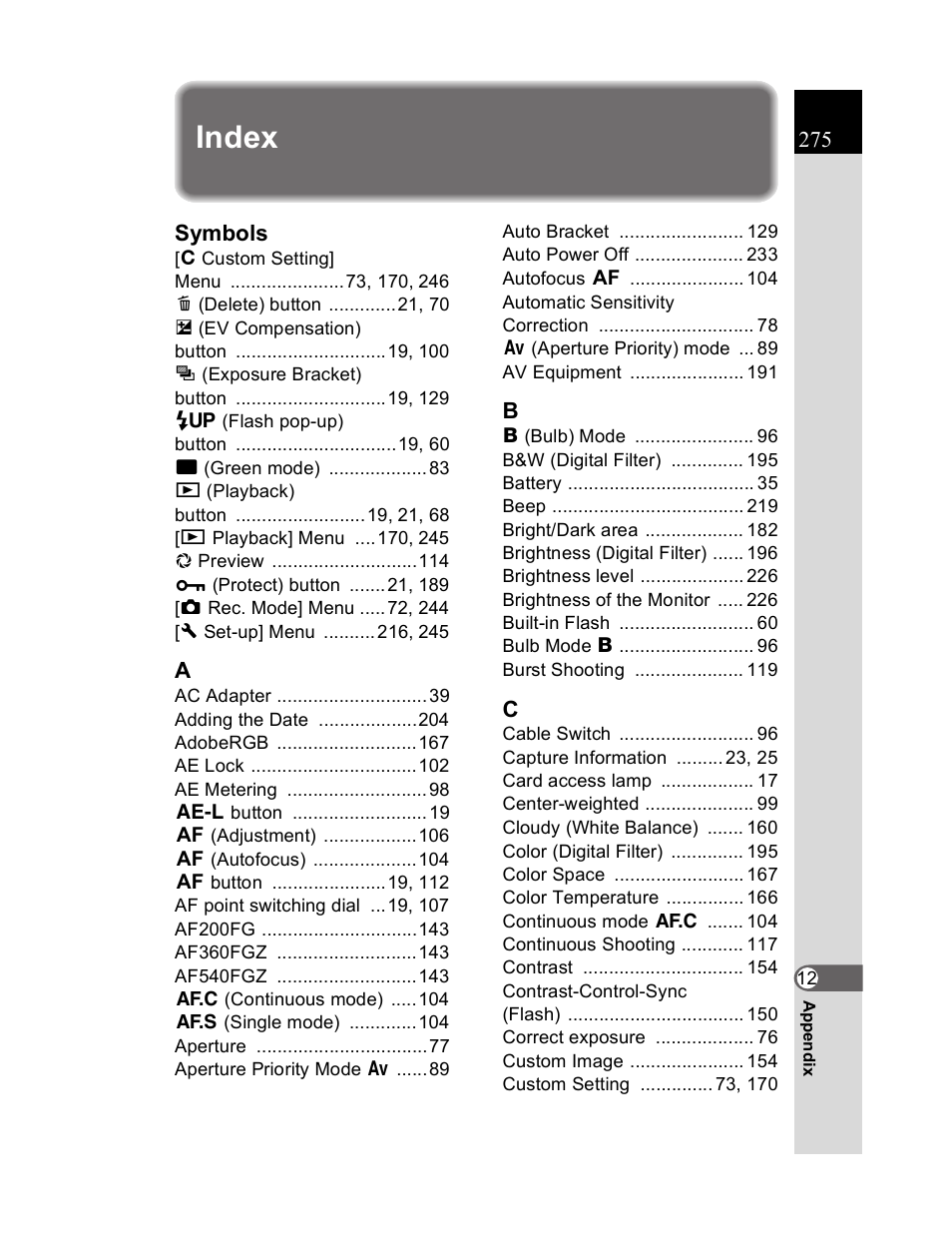 Index | Pentax K20D User Manual | Page 276 / 286