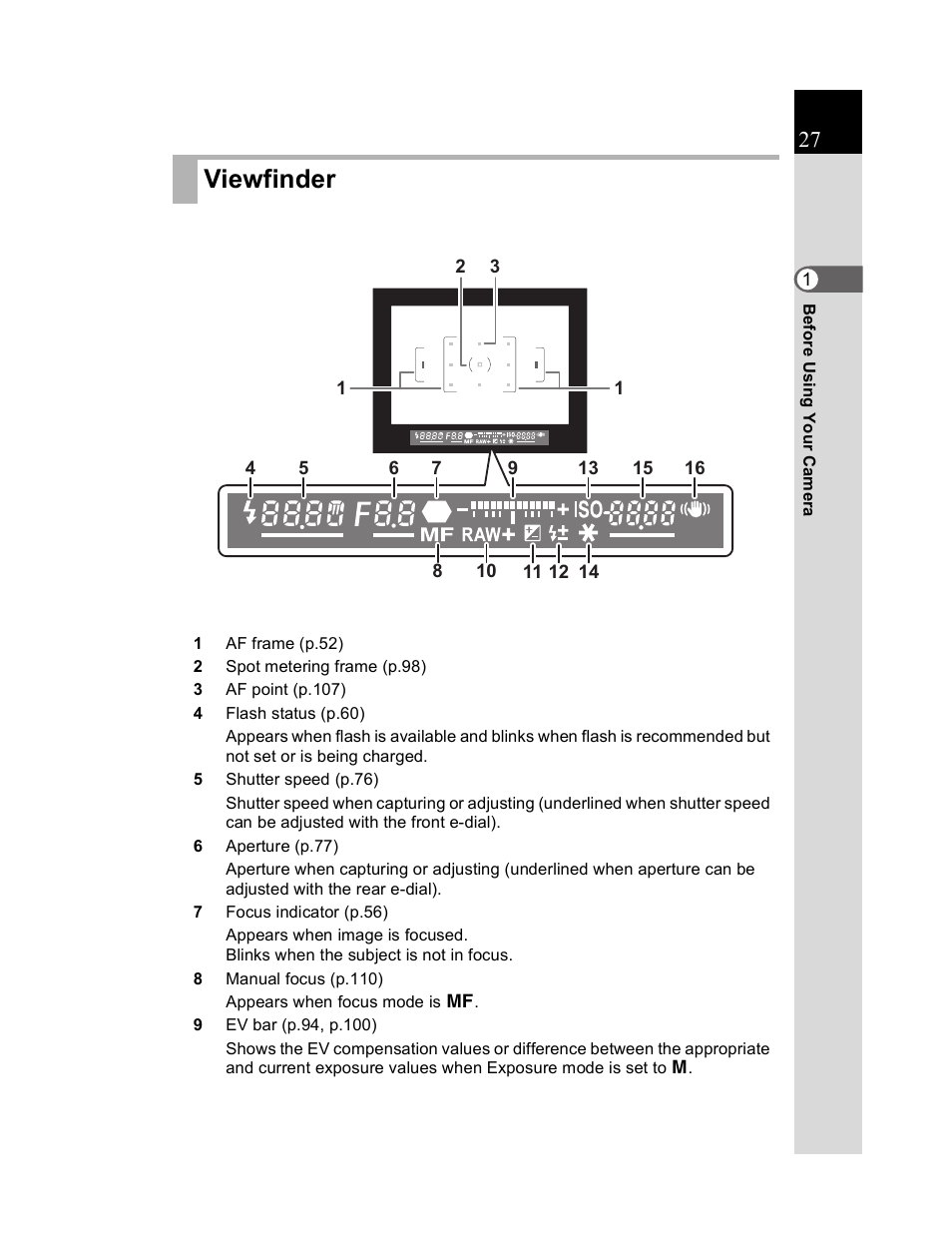 Viewfinder | Pentax K20D User Manual | Page 28 / 286