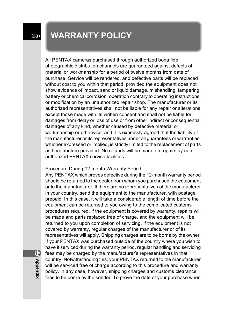 Warranty policy | Pentax K20D User Manual | Page 281 / 286