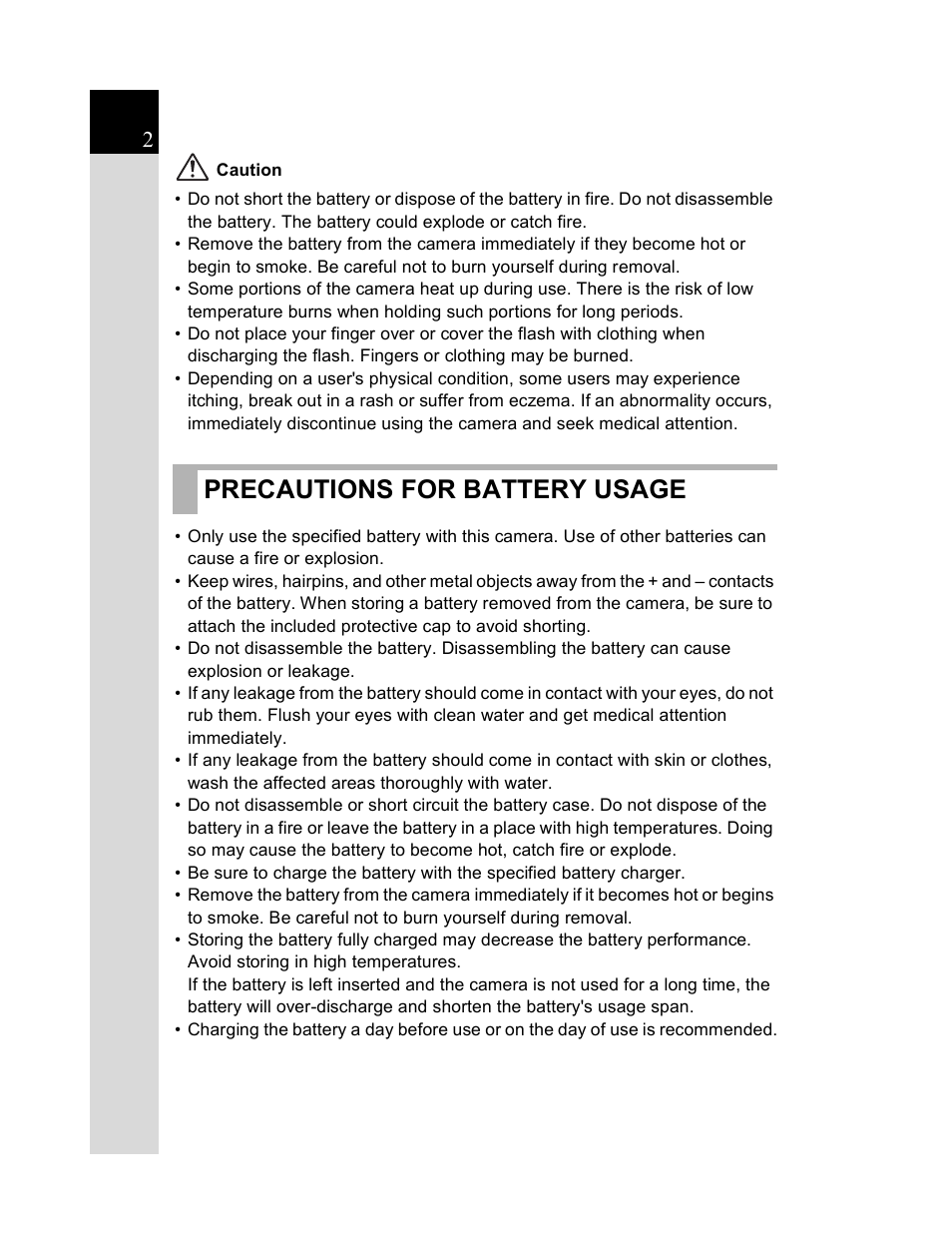 Precautions for battery usage | Pentax K20D User Manual | Page 3 / 286