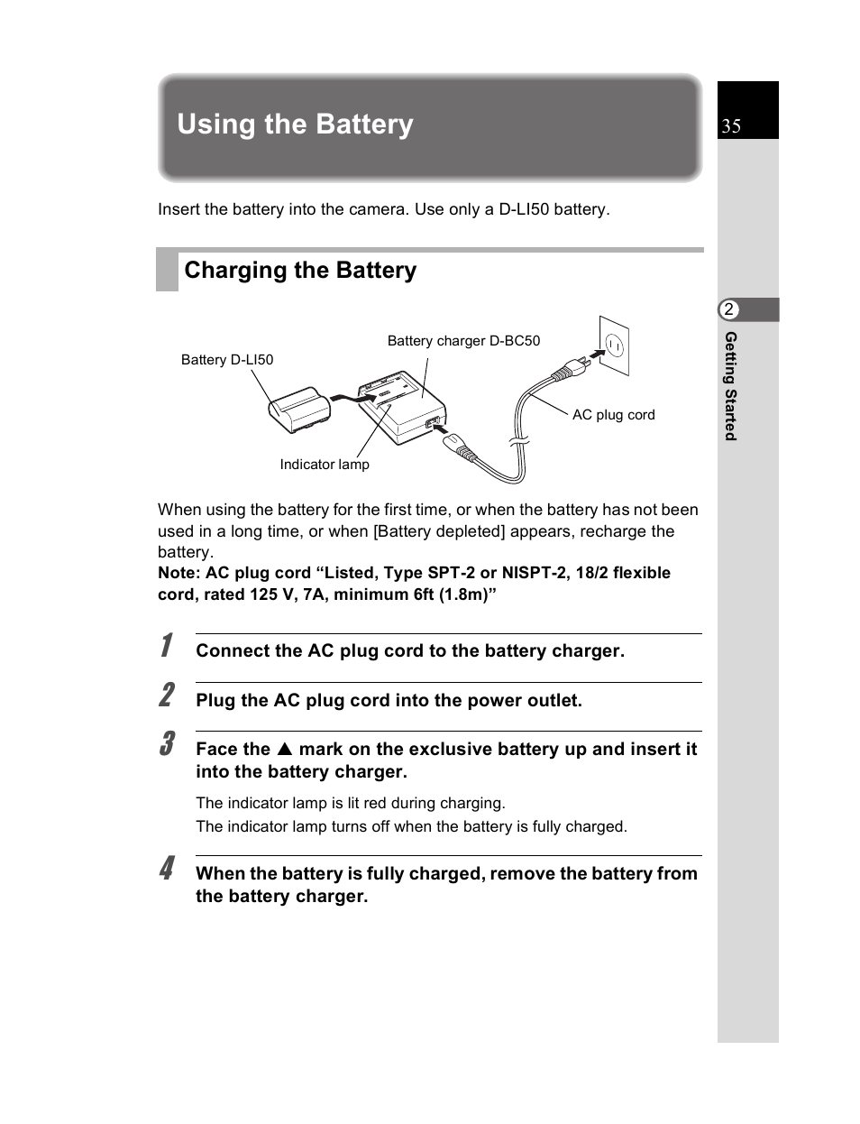 Using the battery, Charging the battery | Pentax K20D User Manual | Page 36 / 286