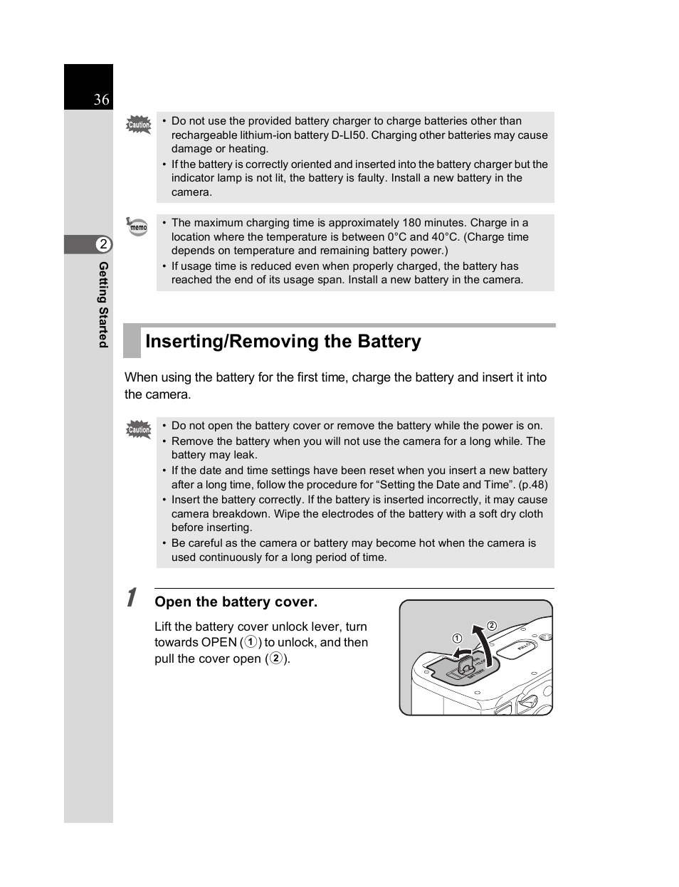 Inserting/removing the battery, Open the battery cover | Pentax K20D User Manual | Page 37 / 286