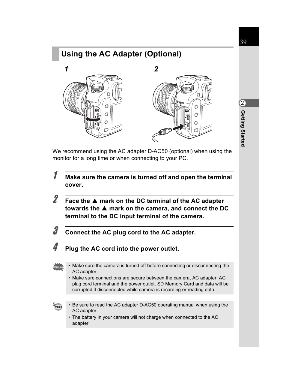 Using the ac adapter (optional) | Pentax K20D User Manual | Page 40 / 286