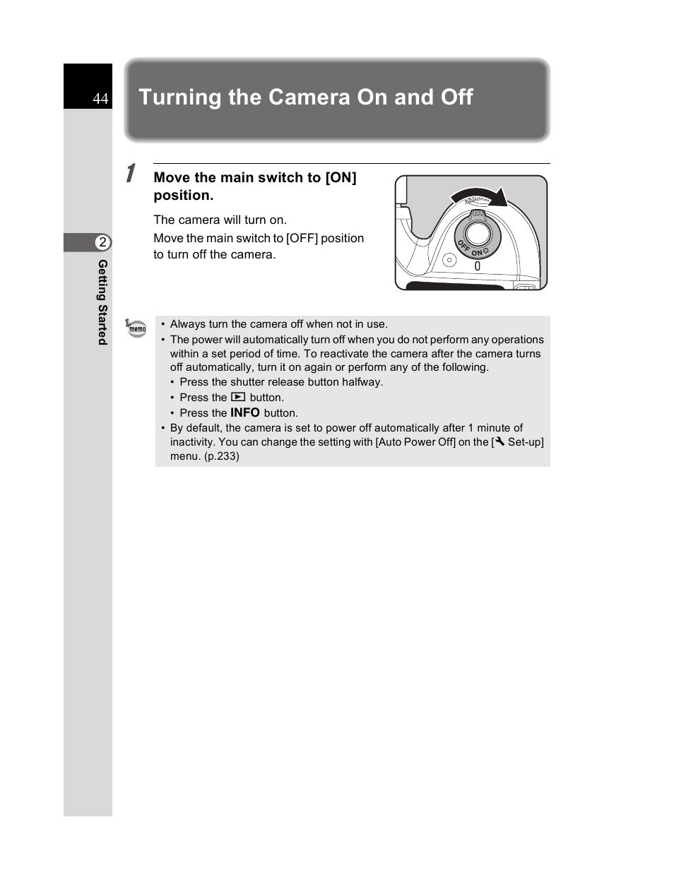 Turning the camera on and off | Pentax K20D User Manual | Page 45 / 286