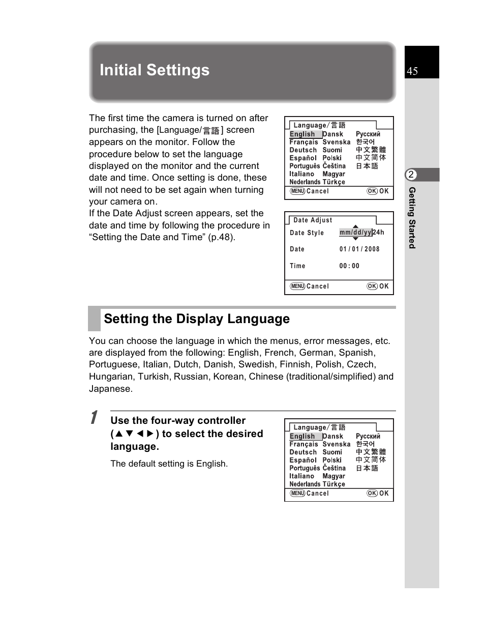 Initial settings, Setting the display language | Pentax K20D User Manual | Page 46 / 286