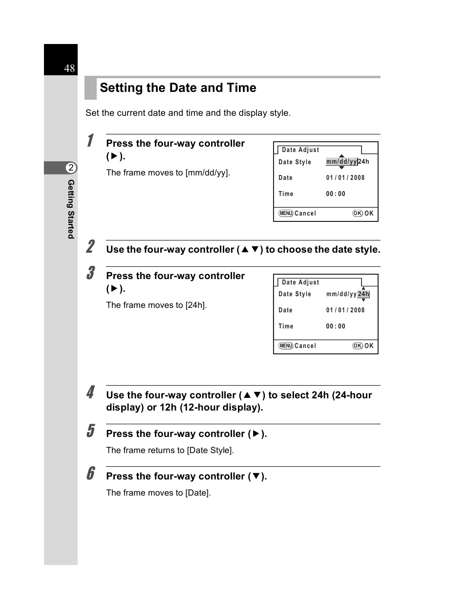 Setting the date and time | Pentax K20D User Manual | Page 49 / 286