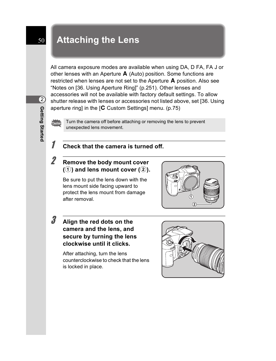 Attaching the lens | Pentax K20D User Manual | Page 51 / 286