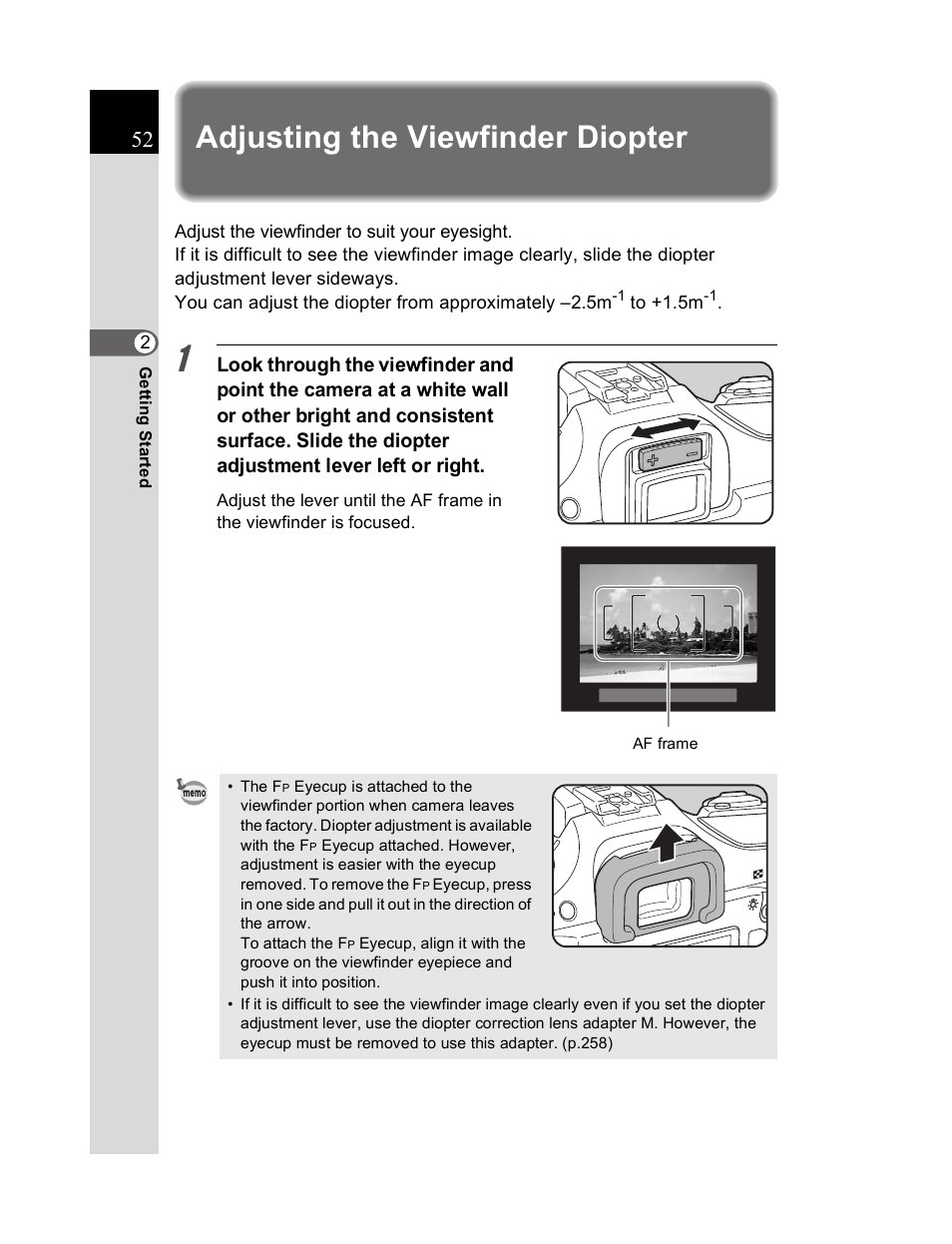 Adjusting the viewfinder diopter | Pentax K20D User Manual | Page 53 / 286