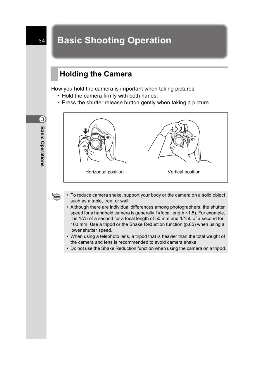 Basic shooting operation, Holding the camera | Pentax K20D User Manual | Page 55 / 286