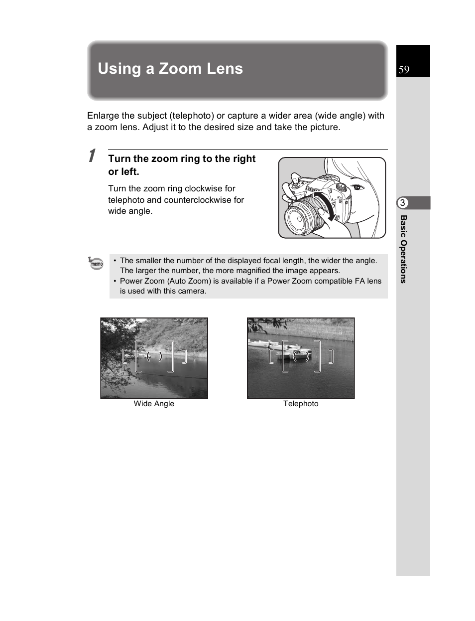 Using a zoom lens | Pentax K20D User Manual | Page 60 / 286