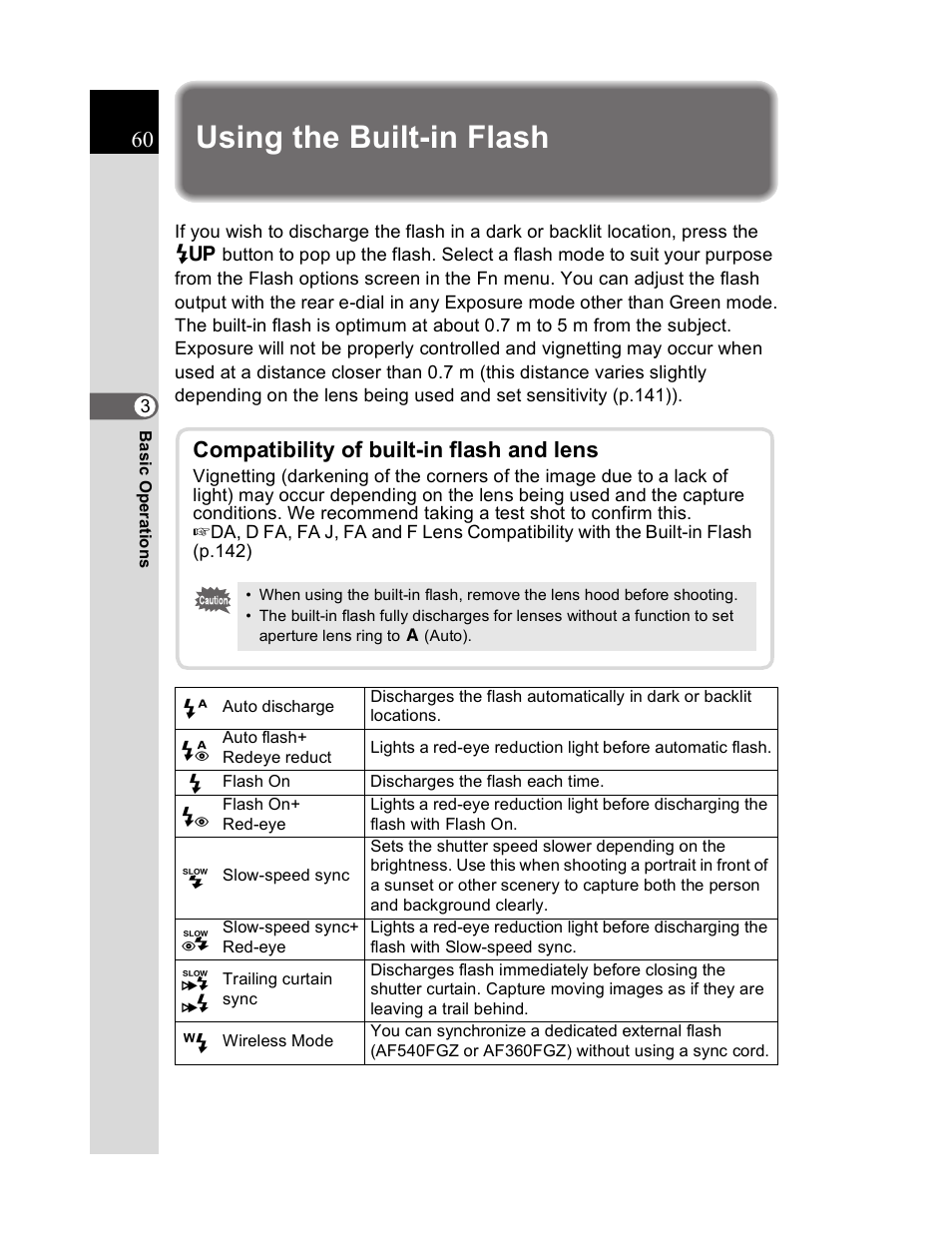 Using the built-in flash, Compatibility of built-in flash and lens | Pentax K20D User Manual | Page 61 / 286