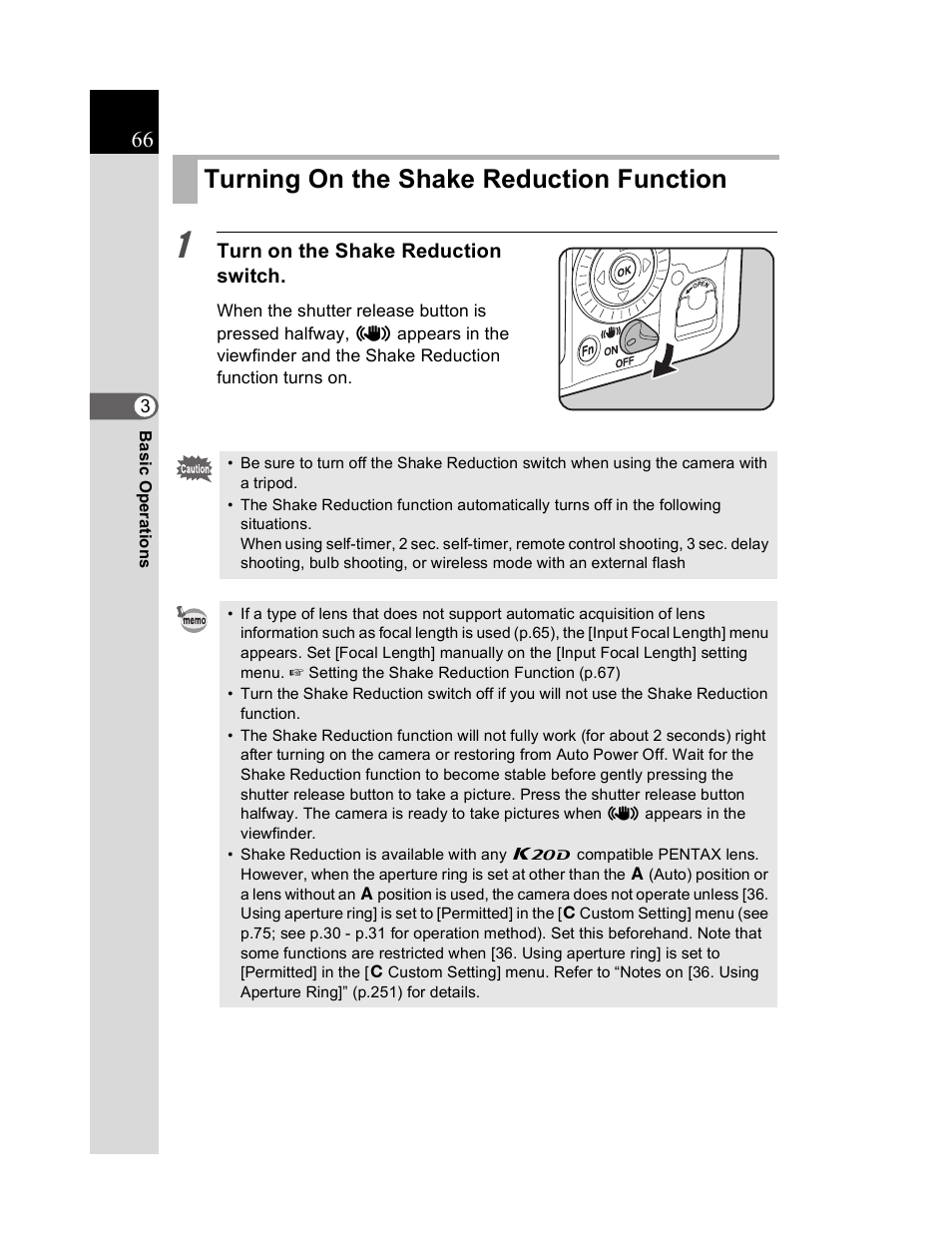 Turning on the shake reduction function | Pentax K20D User Manual | Page 67 / 286