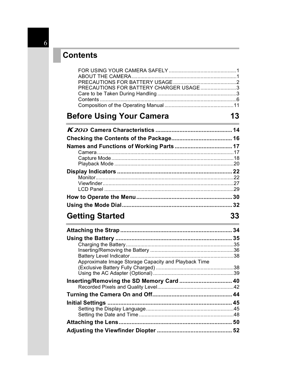 Pentax K20D User Manual | Page 7 / 286