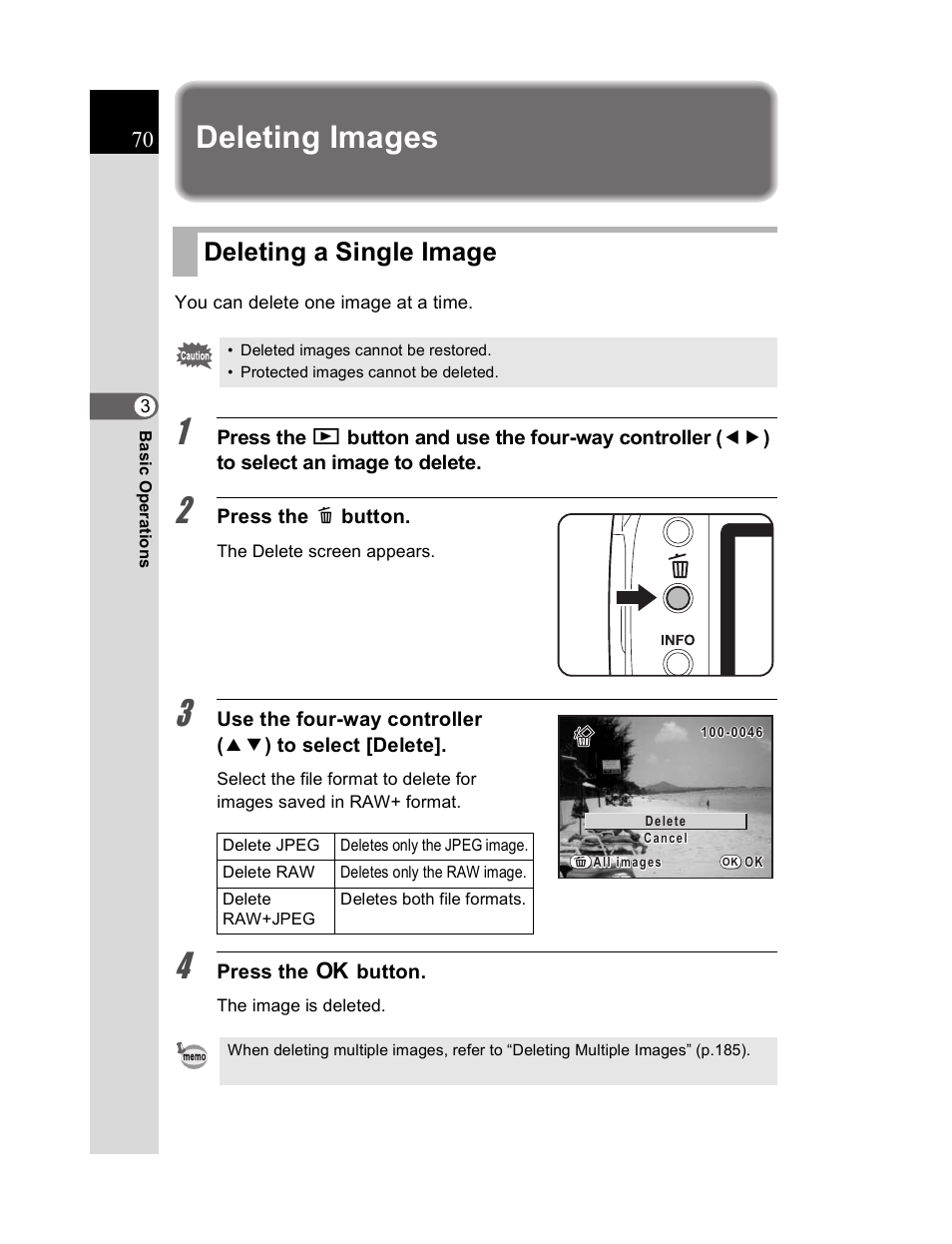 Deleting images, Deleting a single image | Pentax K20D User Manual | Page 71 / 286