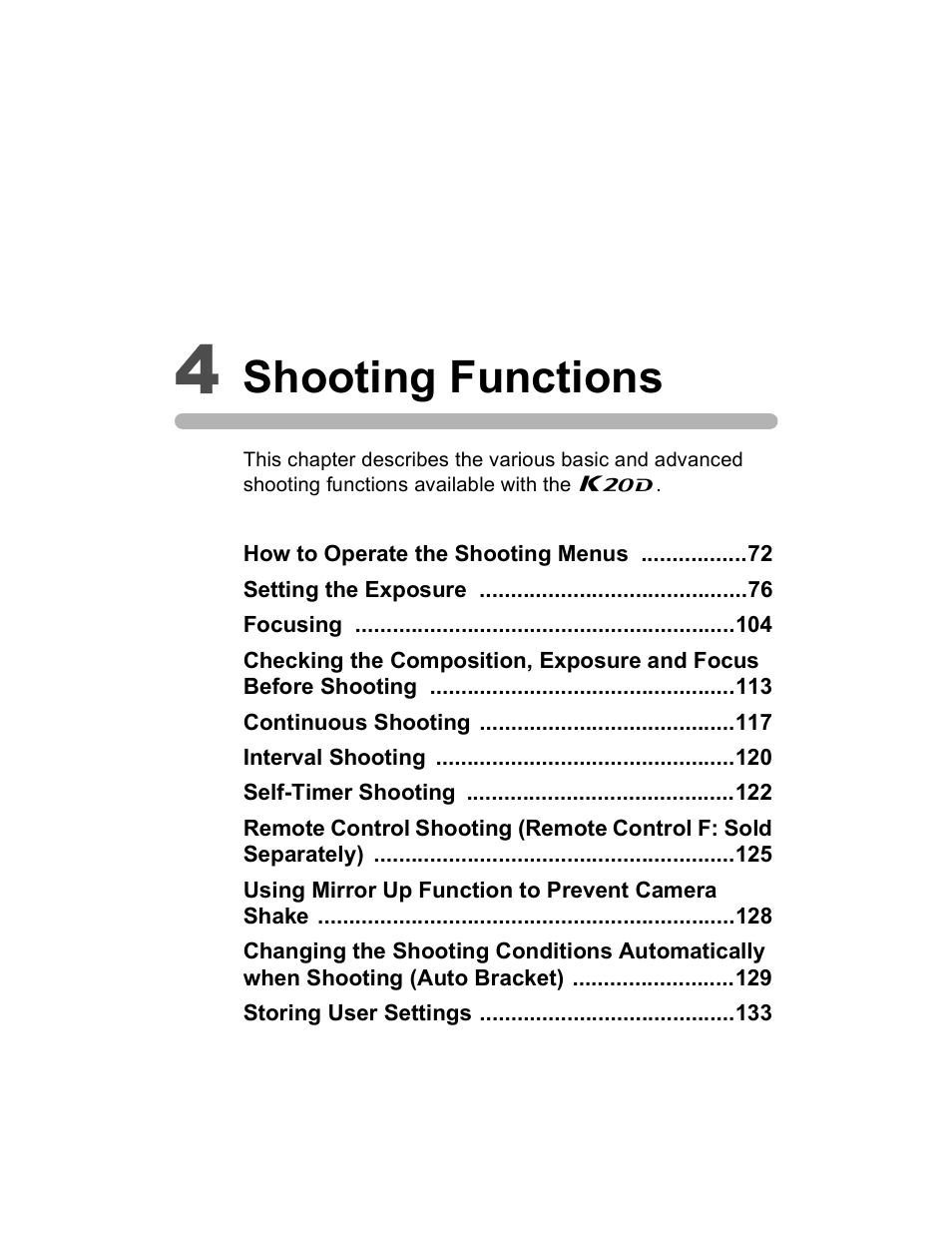 Shooting functions | Pentax K20D User Manual | Page 72 / 286