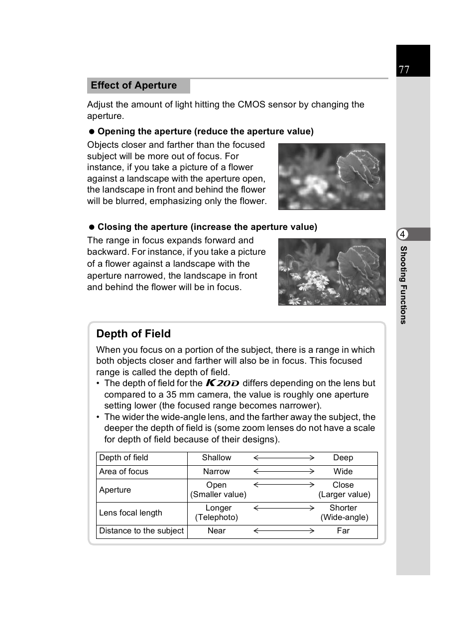 Depth of field | Pentax K20D User Manual | Page 78 / 286