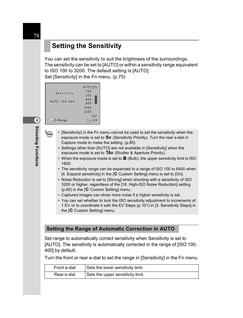 Setting the sensitivity, Setting the range of automatic correction in auto | Pentax K20D User Manual | Page 79 / 286