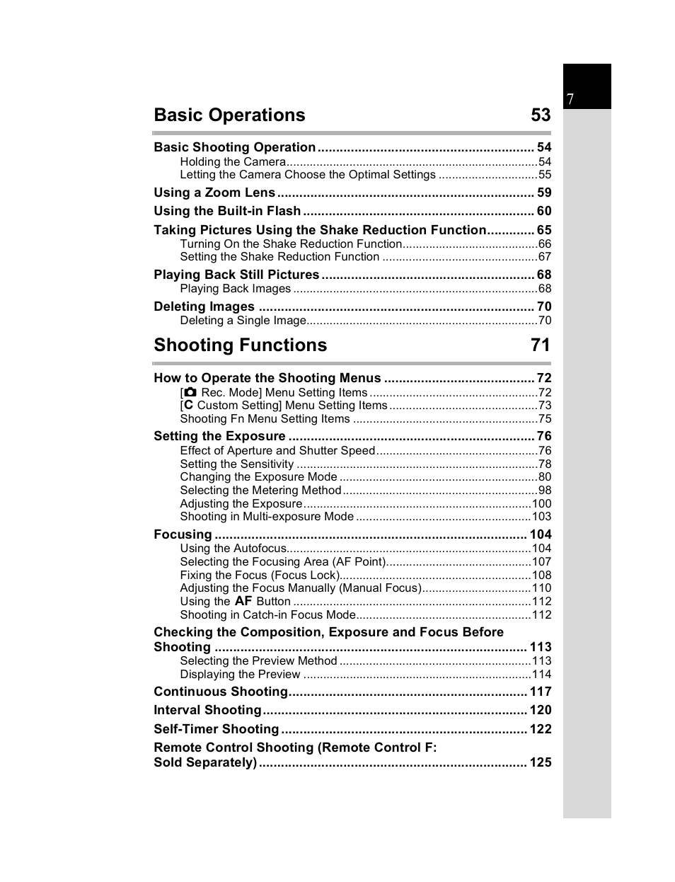 Basic operations 53, Shooting functions 71 | Pentax K20D User Manual | Page 8 / 286