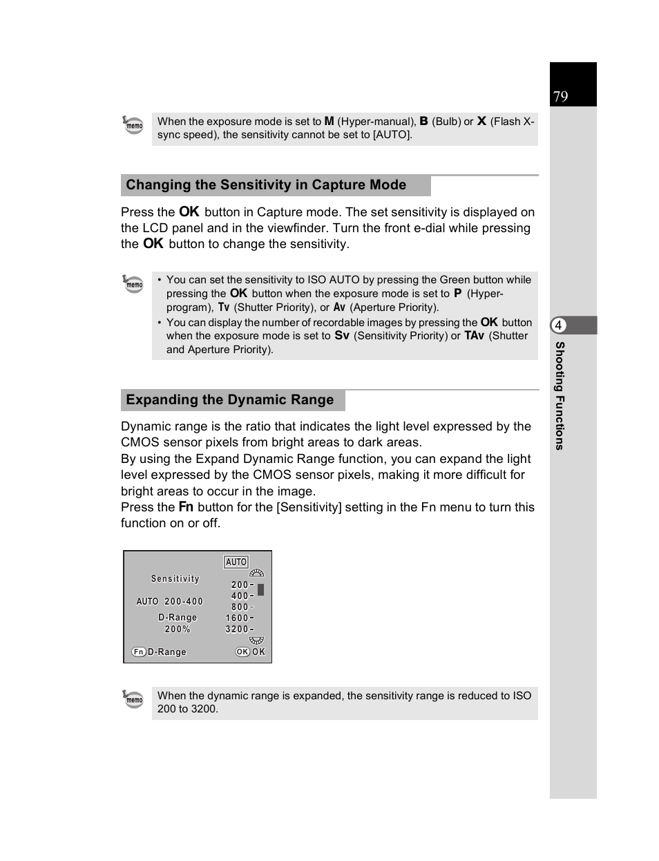 Changing the sensitivity in capture mode, Expanding the dynamic range | Pentax K20D User Manual | Page 80 / 286