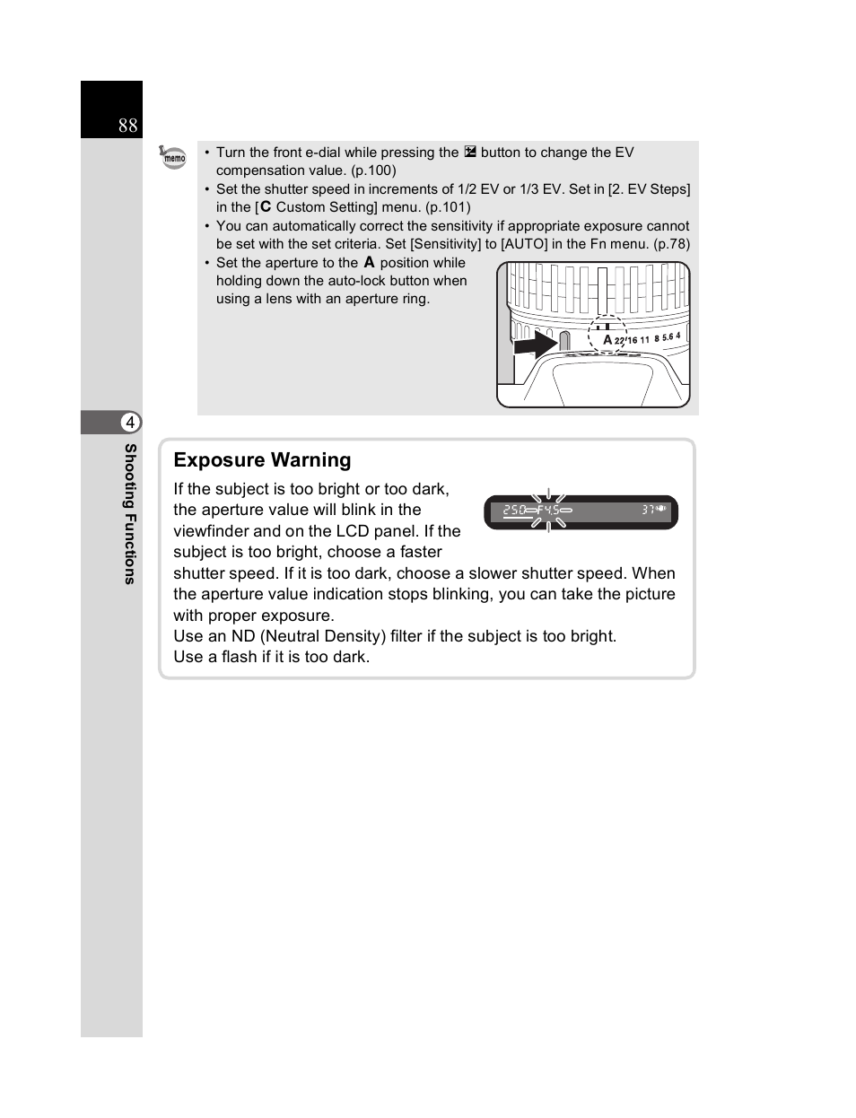 Exposure warning | Pentax K20D User Manual | Page 89 / 286