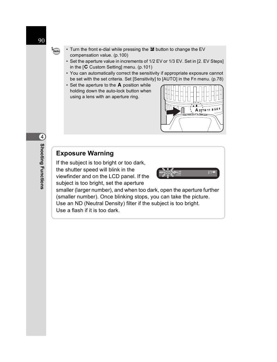 Exposure warning | Pentax K20D User Manual | Page 91 / 286