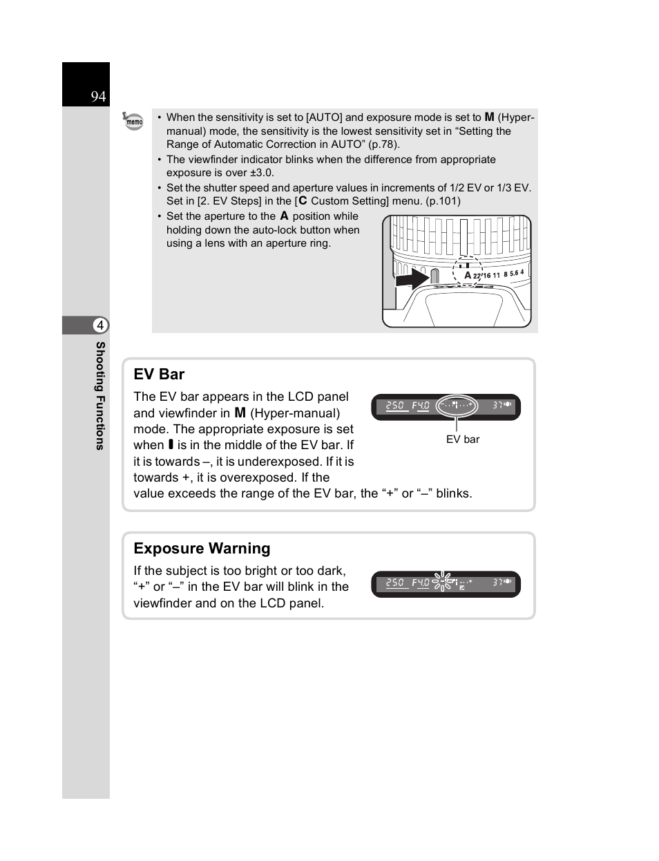 Ev bar, Exposure warning | Pentax K20D User Manual | Page 95 / 286