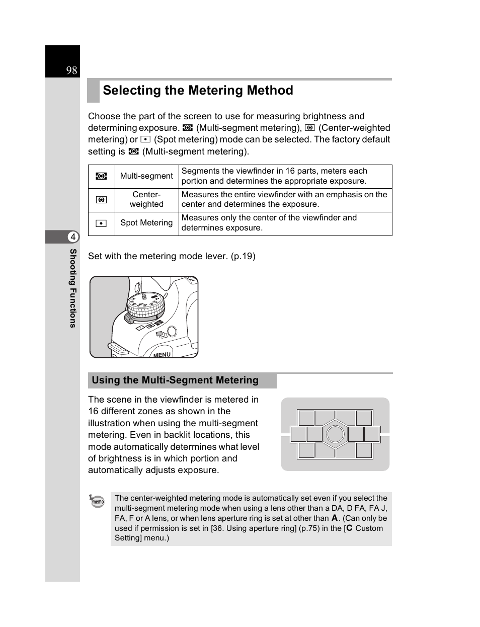 Selecting the metering method | Pentax K20D User Manual | Page 99 / 286