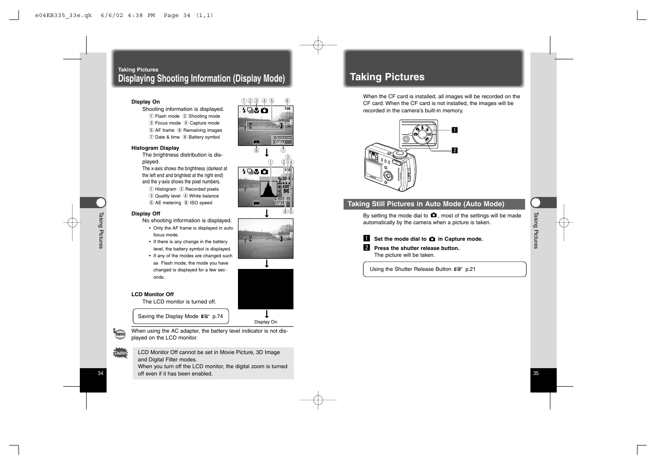 Taking pictures, Displaying shooting information (display mode) | Pentax 330RS User Manual | Page 19 / 70