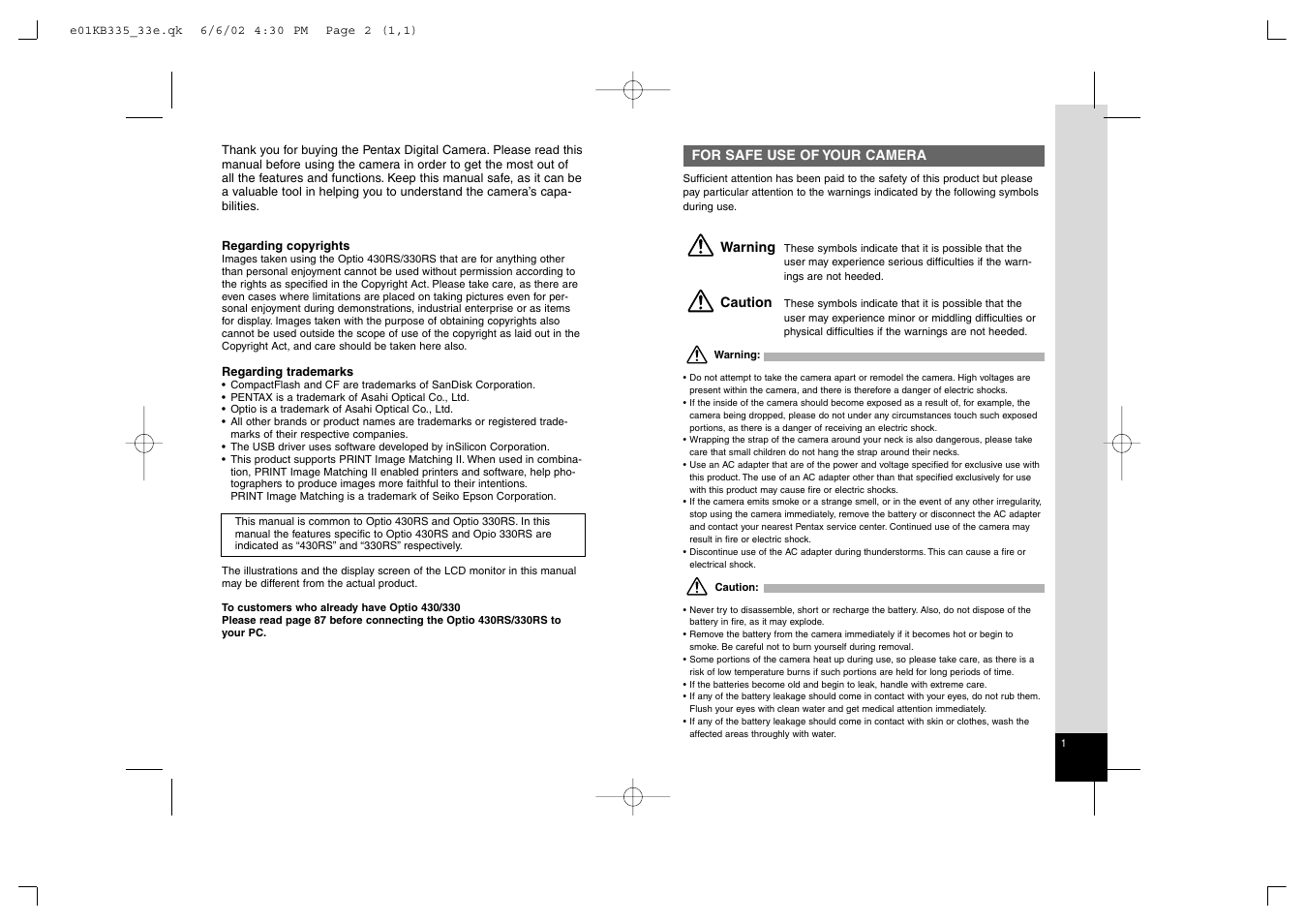 Pentax 330RS User Manual | Page 2 / 70