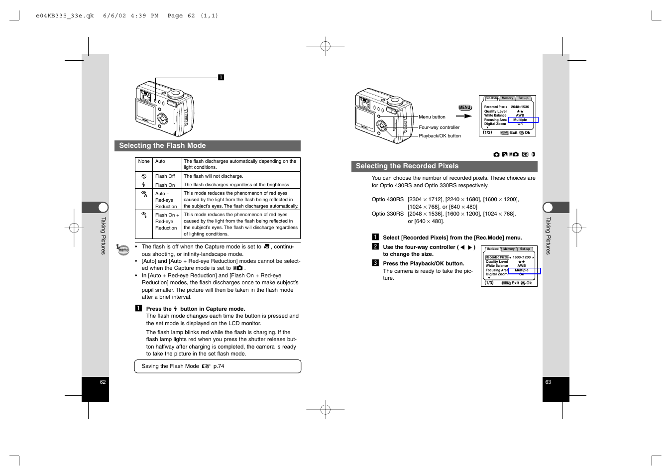 Selecting the recorded pixels, Selecting the flash mode | Pentax 330RS User Manual | Page 33 / 70