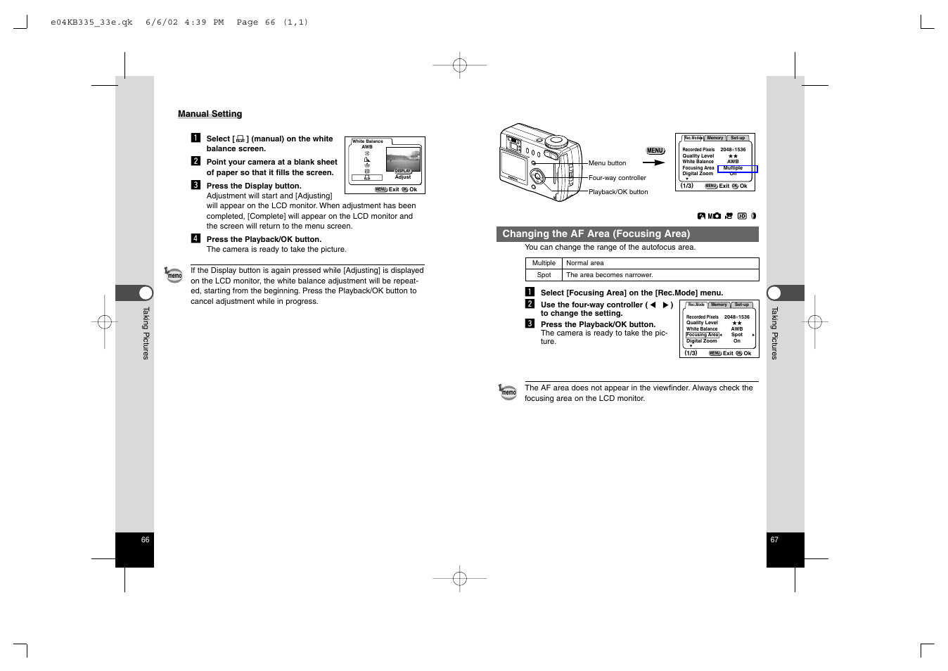 Changing the af area (focusing area) | Pentax 330RS User Manual | Page 35 / 70