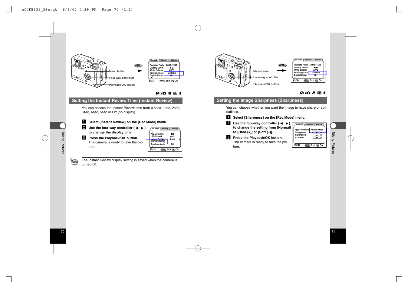 Setting the image sharpness (sharpness), Setting the instant review time (instant review) | Pentax 330RS User Manual | Page 37 / 70