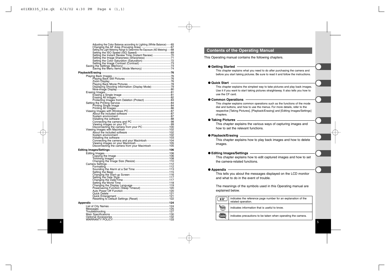Contents of the operating manual | Pentax 330RS User Manual | Page 4 / 70
