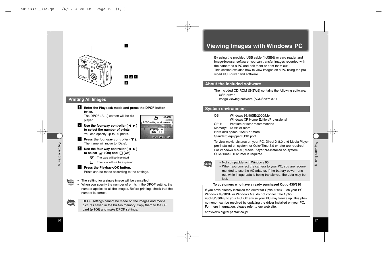 Viewing images with windows pc | Pentax 330RS User Manual | Page 45 / 70