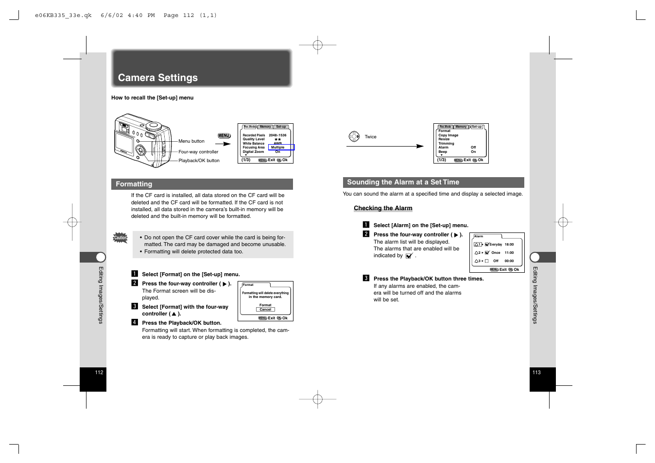Camera settings, Formatting, Sounding the alarm at a set time | Pentax 330RS User Manual | Page 58 / 70